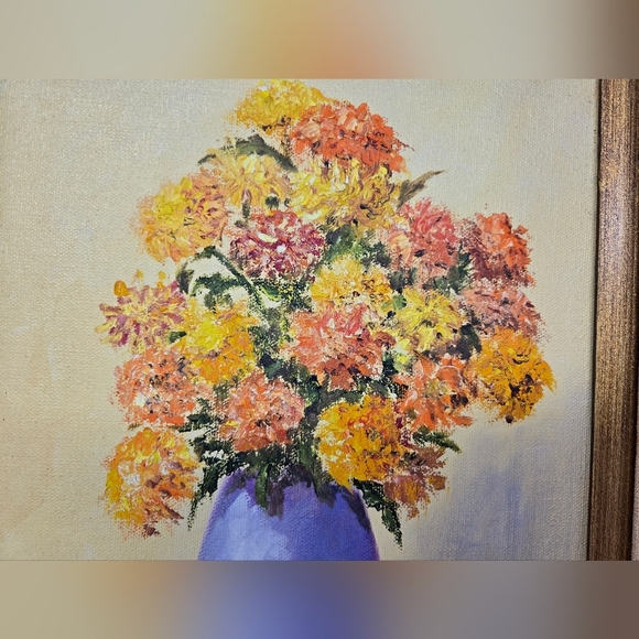 Do R'e Original Oil Painting Vintage Blue Vase With Orange-Yellow Chrysanthemums - Picture 6 of 12